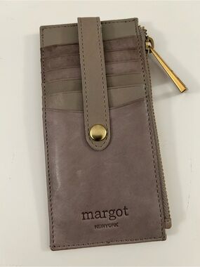 Margot taupe gray leather card wallet with gold zipper